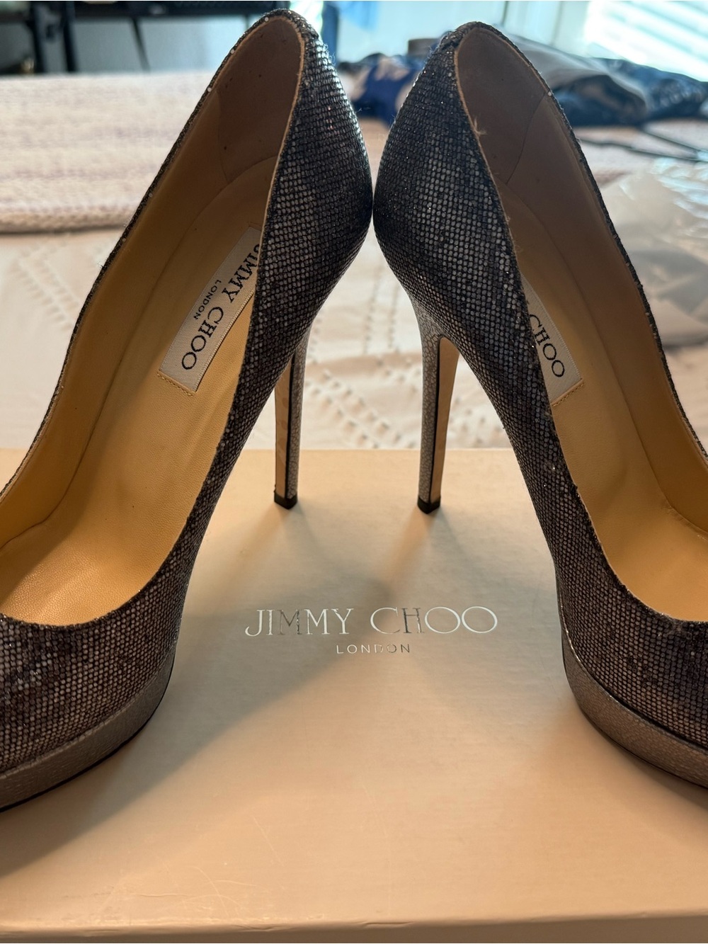 Jimmy Choo Black Sparkle Round Toe Stiletto Pumps - Picture 3 of 11